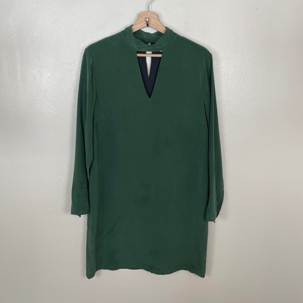 Baldwin Women's S Silk Shift Dress Green‎ Long Sleeve Keyhole High Neck Mini